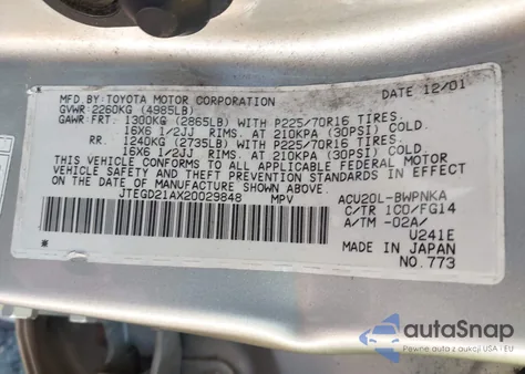 2002 Toyota Highlander из США, поврежденный, VIN JTEGD21AX20029848